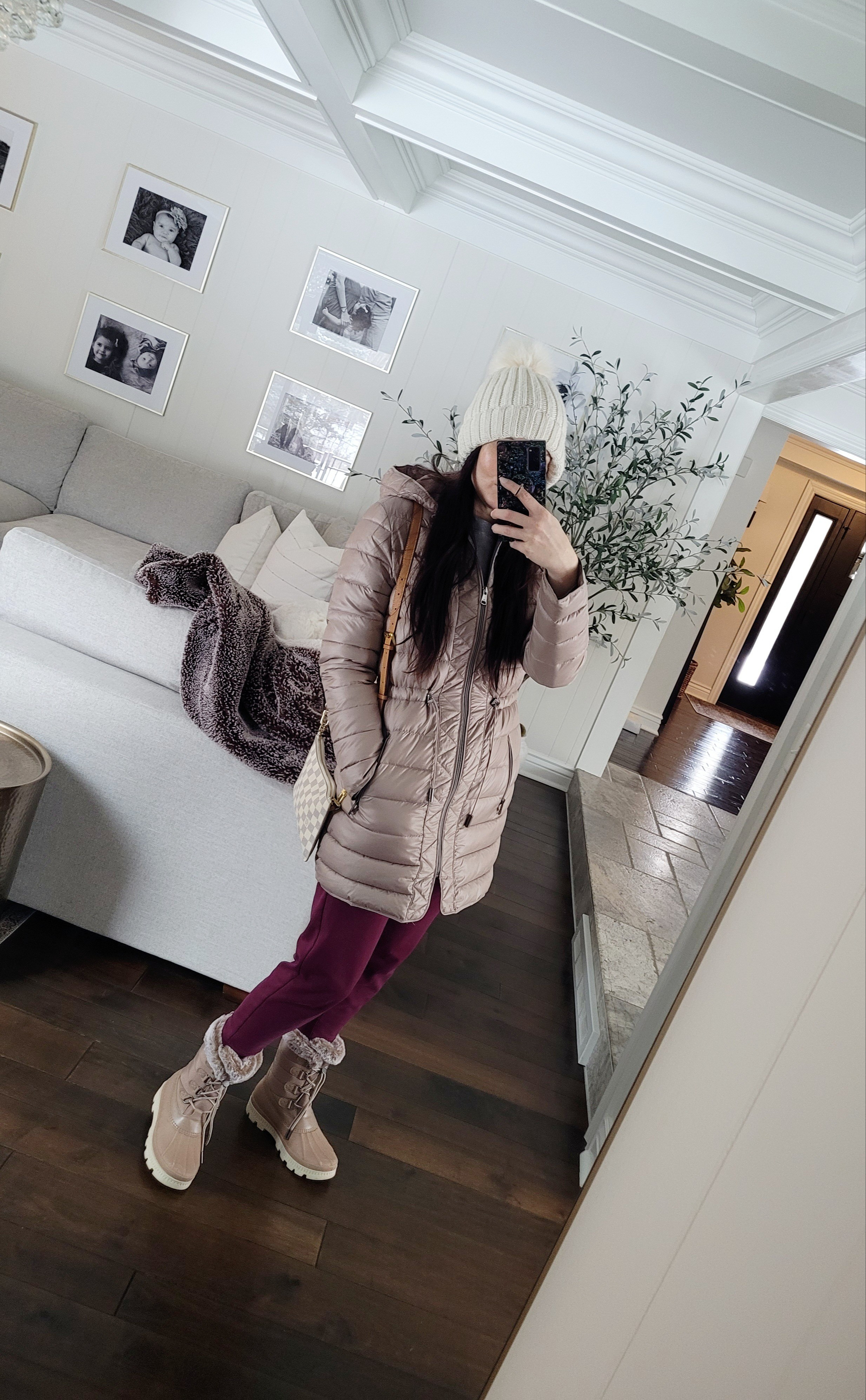 Winter outfit idea perfect for snow days and cold weather with faux fur trimmed boots and neutral puffer coat and pom pom cableknit hat.  Perfect for being cozy while running errands this winter!

#LTKStyleTip #LTKShoeCrush #LTKActive