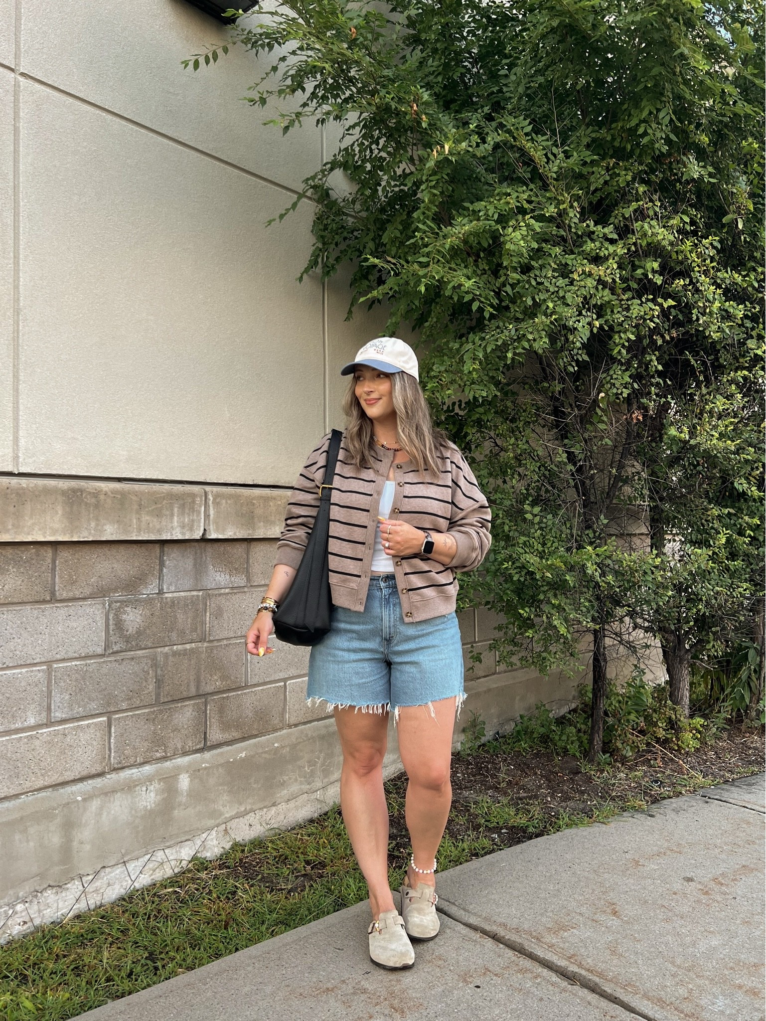 Abercrombie summer to fall transitional outfit! Wearing size L in the striped cardigan sweatshirt and size M in the bra free tank. Sized up to 32 in the denim shorts for a baggy fit. I’m a 9.5-10 shoe and wear a 40 in the Birkenstocks

#LTKfall #LTKmidsize