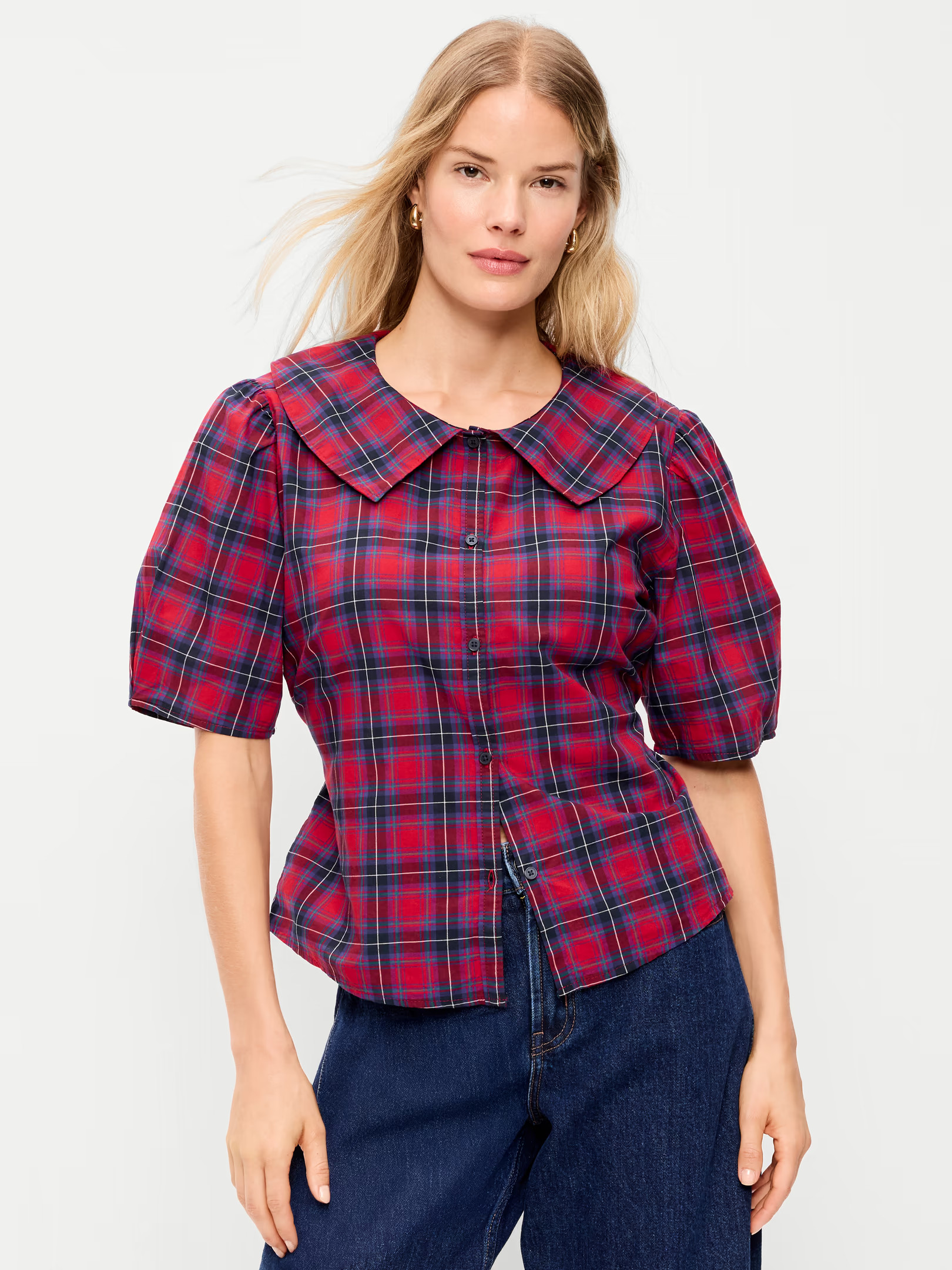 Lapel Collar Short-Sleeve Button-Front Top | Old Navy (US)