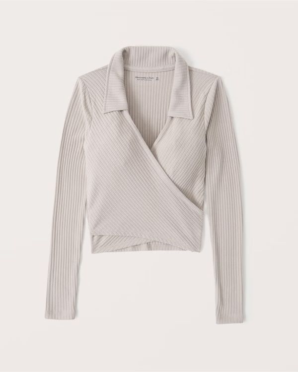 Women's Long-Sleeve Ribbed Polo Wrap Top | Women's New Arrivals | Abercrombie.com | Abercrombie & Fitch (US)