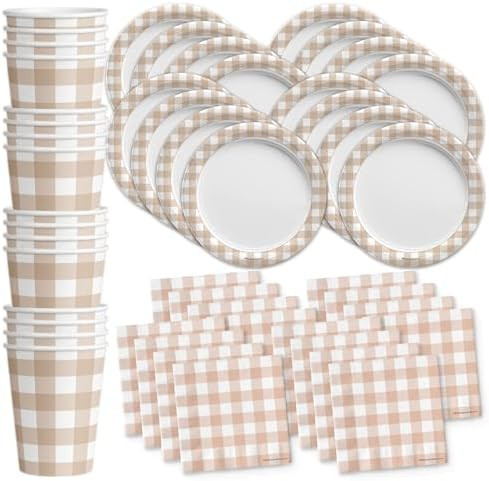Beige Gingham Birthday Party Supplies Set Plates Napkins Cups Tableware Kit for 16 | Amazon (CA)