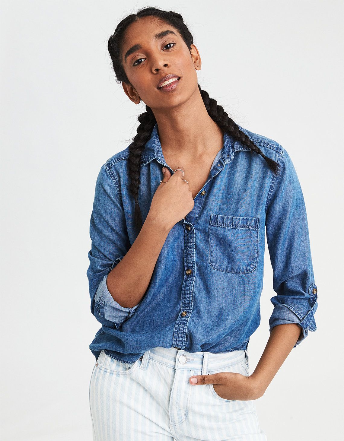 AE Ahh-Mazingly Soft Boyfriend Button Up Shirt, Medium Wash | American Eagle Outfitters (US & CA)