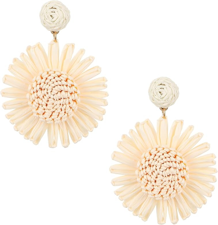 Sunflower Raffia Earrings for Women Boho Chic Rattan Flower Earrings Handmade Straw Wicker Raffia... | Amazon (US)