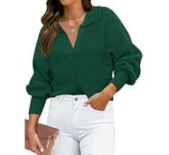 ZESICA Women's 2023 Fall Lapel Collar V Neck Long Sleeve Ribbed Knit Comfy Loose Casual Pullover ... | Amazon (US)