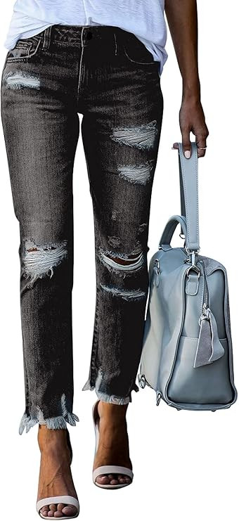 GOSOPIN Women Destroyed Raw Hem Ripped Hole Jeans Patchwork Boyfriend Straight Leg Distressed Ank... | Amazon (US)