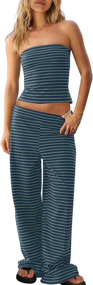 Panadila Womens Striped Two Piece Sets Summer Lounge Outfits Sailor Tube Top and Pants Matching S... | Amazon (US)