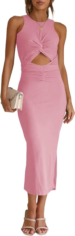 Korsiding Women's Fashion Sleeveless Ribbed Crewneck Bodycon Cocktail Dress Cutout Waist Slim Par... | Amazon (US)