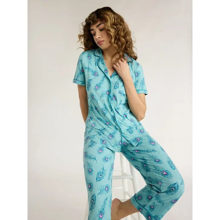 Joyspun Women's Knit Notch Collar Top and Capri Pants Pajama Set, 2-Piece, Sizes S to 3X | Walmart (US)