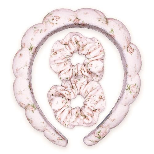 FROG SAC Puffy Spa Headband and Wristbands for Face Washing, Make Up Skincare Head Band for Women, Terry Cloth Spiral Bubble Makeup Skin Care Hair Bands for Girls (Pink Floral) | Amazon (US)