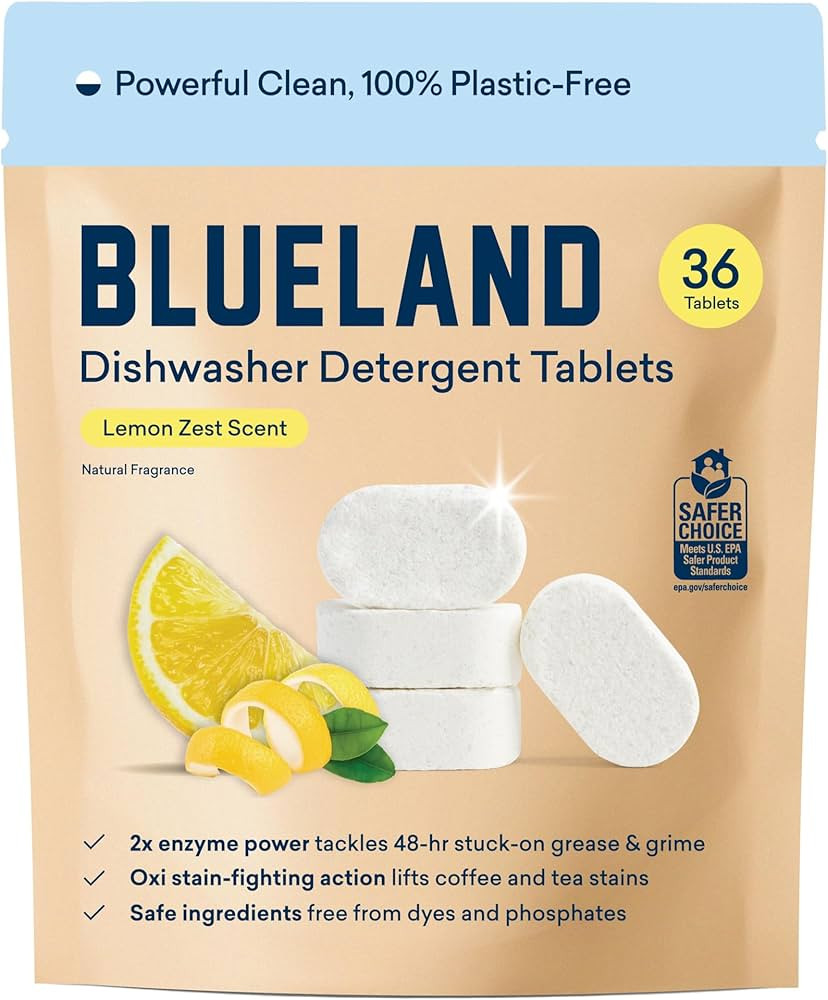 BLUELAND 100% Plastic-Free Dishwasher Detergent Tablets, 36 Count, Lemon Zest Scent, Eco Friendly... | Amazon (US)