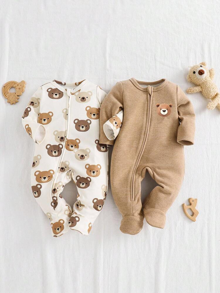 Cozy Pixies Cute Newborn Baby Boy Cartoon Bear Pattern Knitted Soft Crew Neck Footie & Pants 2 Pieces Set,Off-White Neutral Summer Family Matching Clothes,Fall | SHEIN