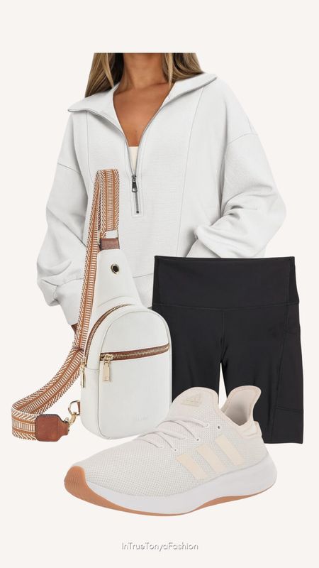 Casual spring outfit with a quarter zip pull over sweater, biker shorts, crossbody bag, and white adidas sneakers. 
//Spring outfits 2024, Amazon outfit ideas, casual outfit ideas, casual fashion, amazon fashion, amazon casual outfit, cute casual outfit, outfit inspo, outfits amazon, outfit ideas, Womens shoes, amazon shoes, Amazon bag, purse, size 4-6, early spring outfits, winter to spring transition outfit, spring outfit, gym outfit, gym clothes, workout clothes #ltkitbag #ltkfitness #ltksalealert 

#LTKshoecrush #LTKfindsunder50 #LTKstyletip