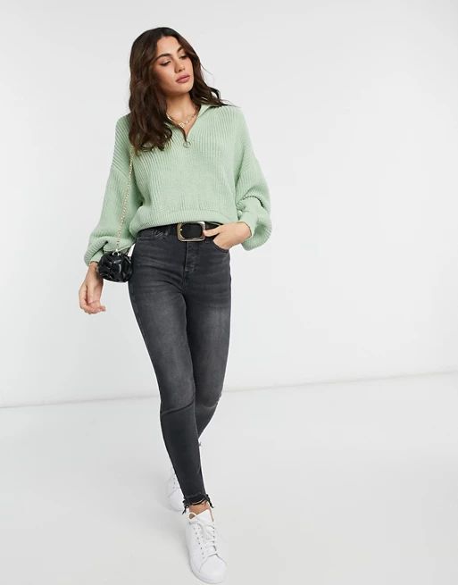 ASOS DESIGN zip front sweater with collar in pale green | ASOS (Global)