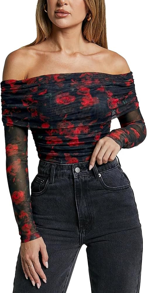 SAUNGKUAI Women's Off The Shoulder Long Sleeve Bodysuit Sexy Slimming Body Suit Tops Sheer Mesh R... | Amazon (US)