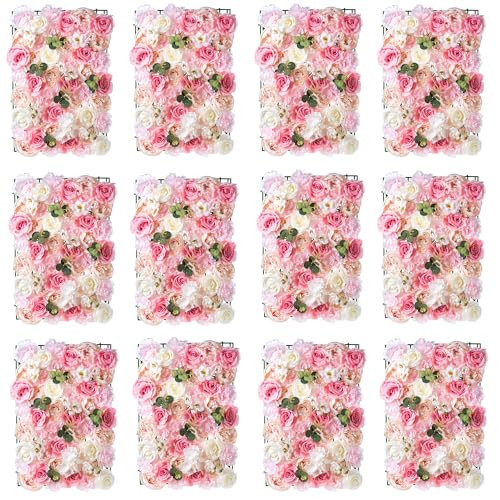 Flower Wall Panel Floral Backdrop - 12 Pcs Pink Flower Wall Decor, 24" X 16" Silk Rose Wall, Artificial Flower Wall Backdrop Faux Flower Panel for Wedding, Party, Nursery, Baby Girl Room, Home Decor | Amazon (US)