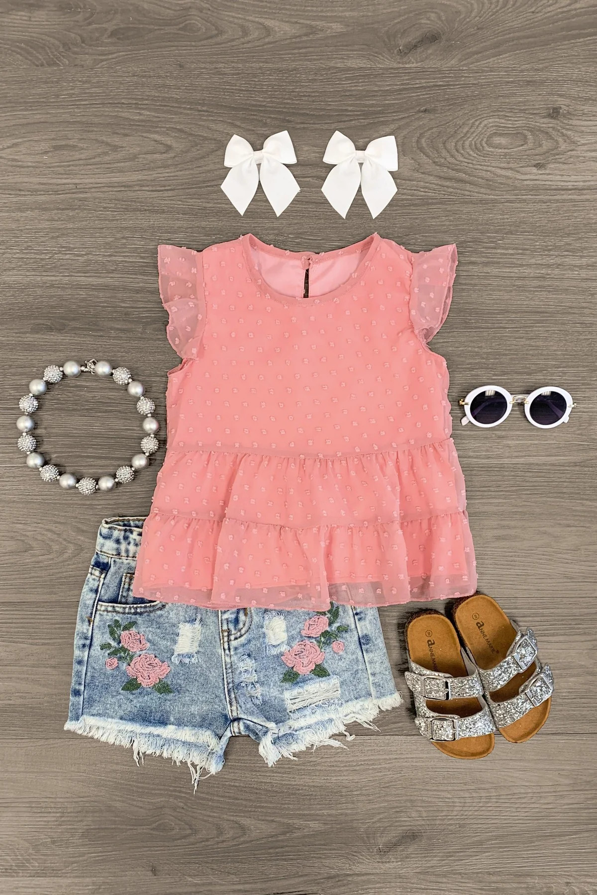 Swiss Dot Floral Denim Short Set | Sparkle In Pink