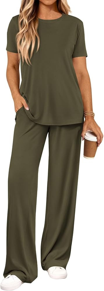 PRETTYGARDEN Spring Lounge Sets for Women 2 Piece Short Sleeve Crewneck Cute Tops and Wide Leg Pa... | Amazon (US)