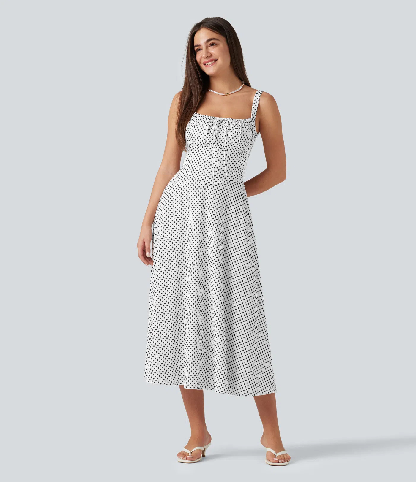 Women’s Crisscross Backless Square Neck Sleeveless Ruched Polka Dot Built-in Bra Midi Resort Fl... | HALARA