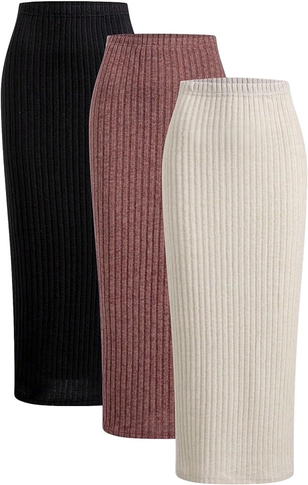 GORGLITTER Women's 3 Piece Ribbed Knit Midi Skirt Set Solid Elastic Waist Bodycon Pencil Skirts | Amazon (US)