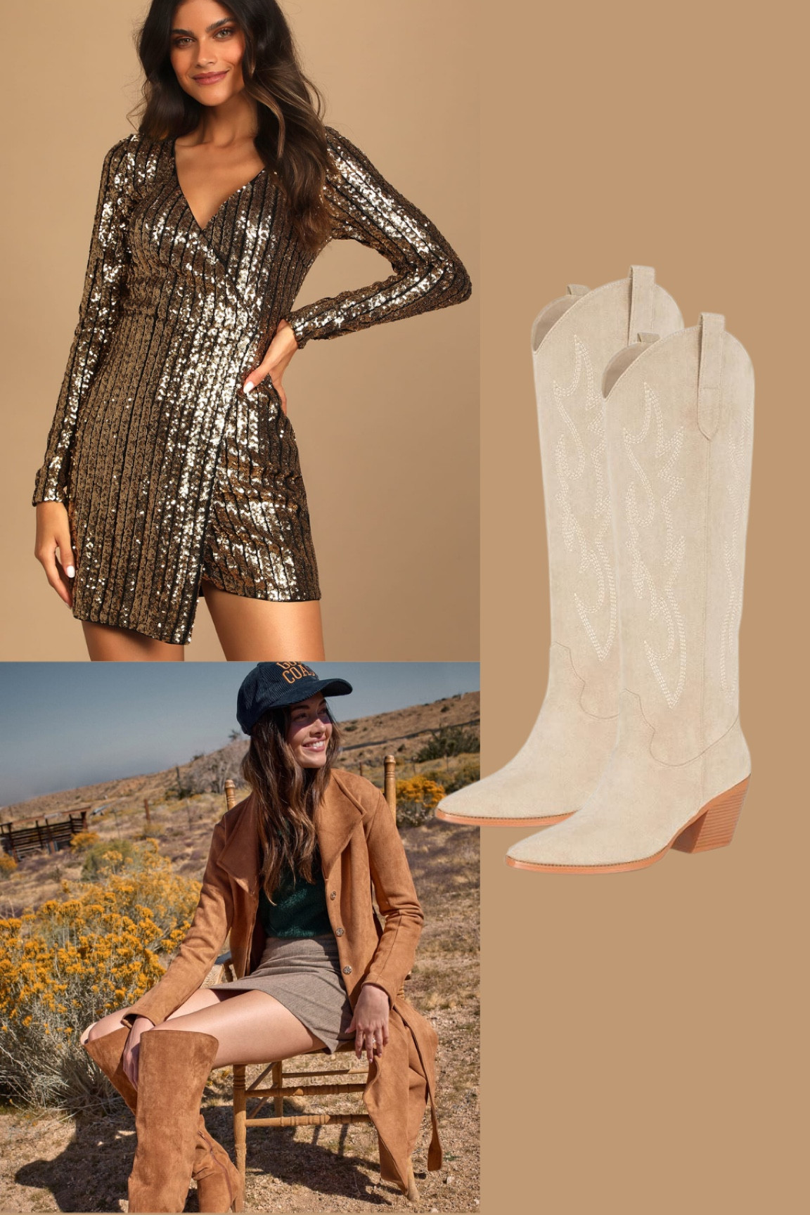 Sequin dress
Suede jacket 
Suede cowboy boots 

#LTKsalealert #LTKshoecrush #LTKfindsunder100