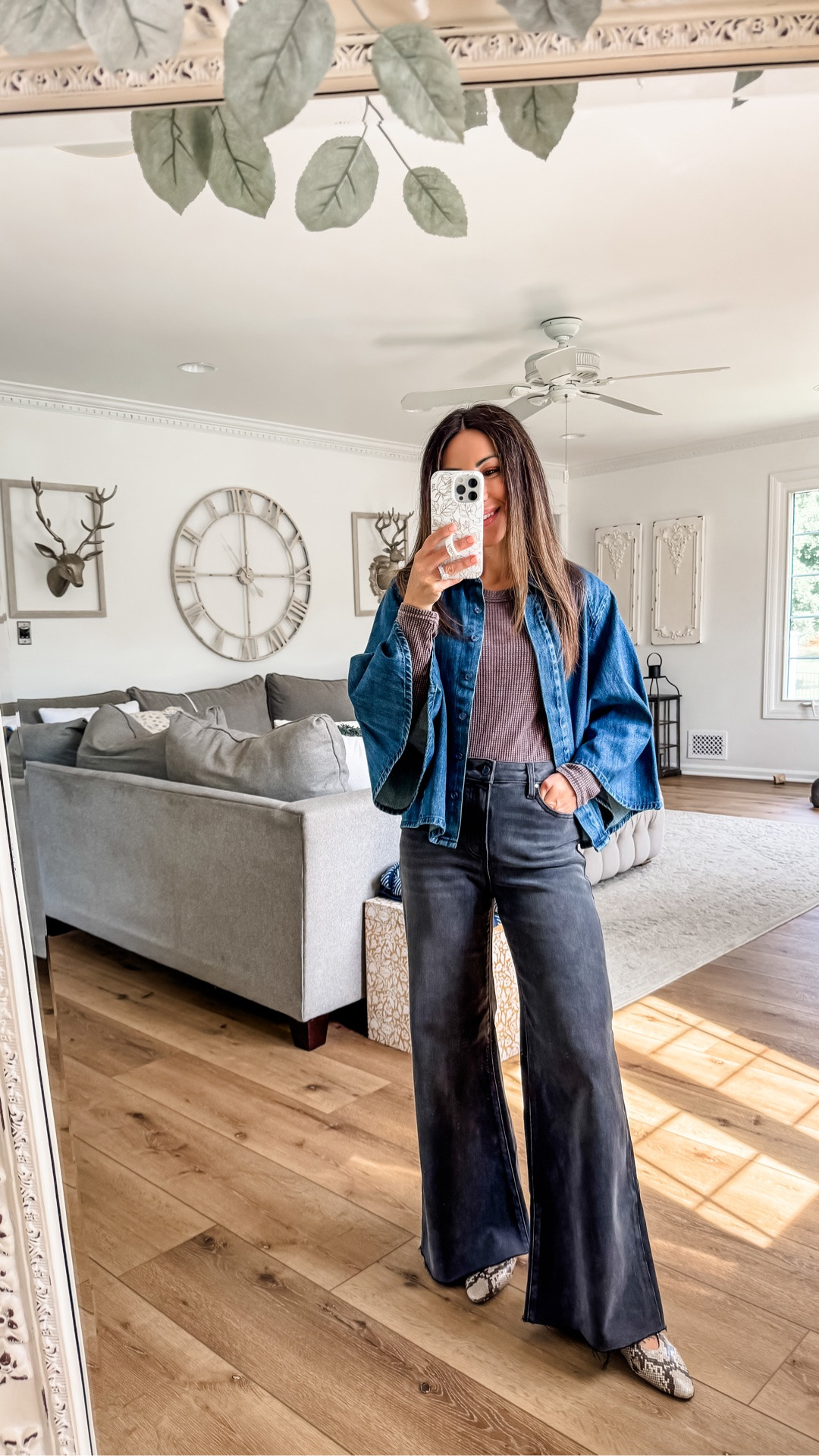 25 wide leg jeans. Small thermal top. Small denim shirt. Black jeans. Black denim.

#LTKOver40 #LTKPetite