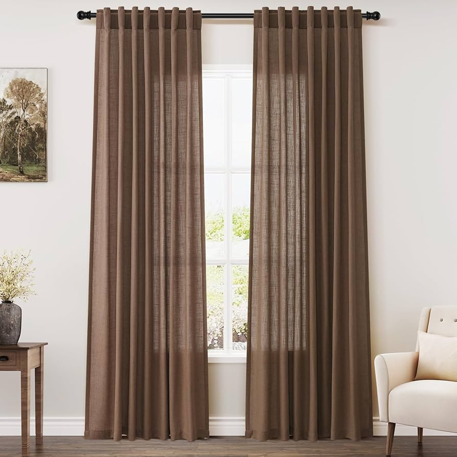 Caramel Brown Linen Curtains 84 Inches Long for Bedroom Back Tab Light Filtering Privacy Semi She... | Amazon (US)