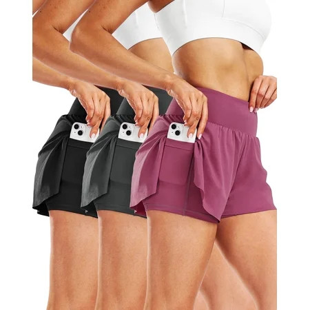 Cadmus 2 in 1 Women's Spandex Athletic Shorts Gym Yoga Shorts Pockets ,3 Pack, Black& Gray & Pink,M | Walmart (US)