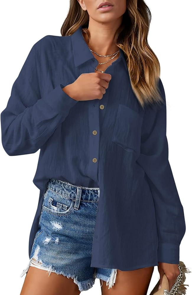 Womens Linen Button Down Shirt Cotton Dress Shirts Long Sleeve Collared Work Blouses Solid Tunic ... | Amazon (US)