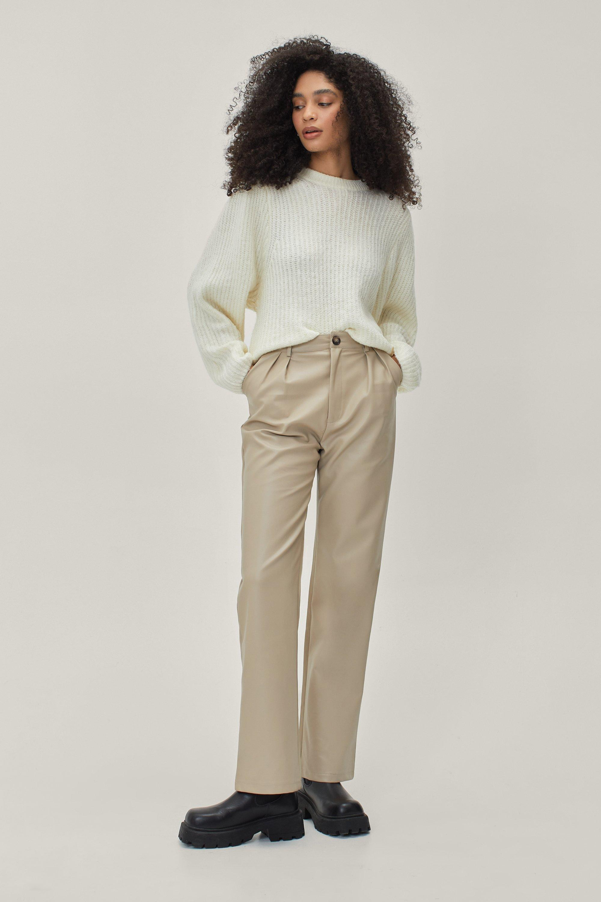 Womens Faux Leather Straight Leg Tailored Pants - Taupe - L | Nasty Gal (US)