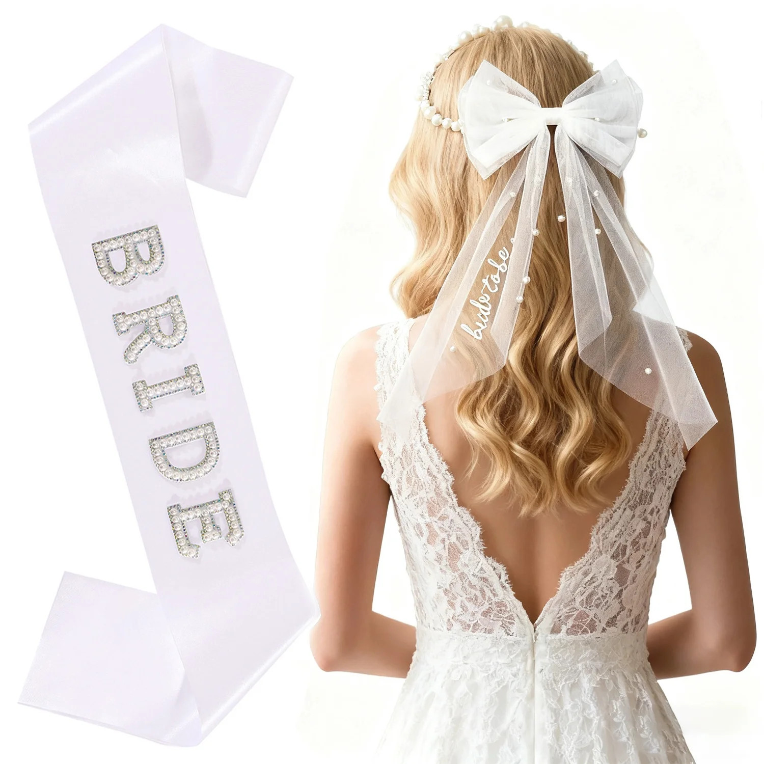 Bride to Be Sash and Bow Veil with Pearls, Bachelorette Party Accessories, Bridal Shower Decorati... | Walmart (US)