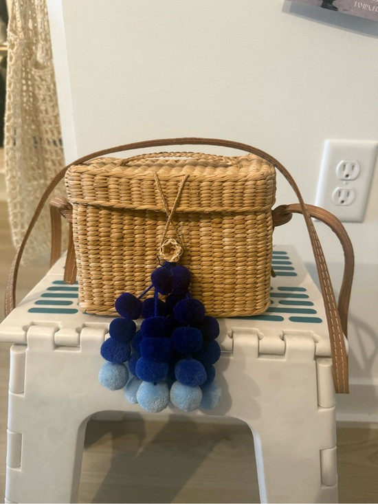 Woven Straw Crossbody Bag with Blue Pom Pom Charm | Poshmark