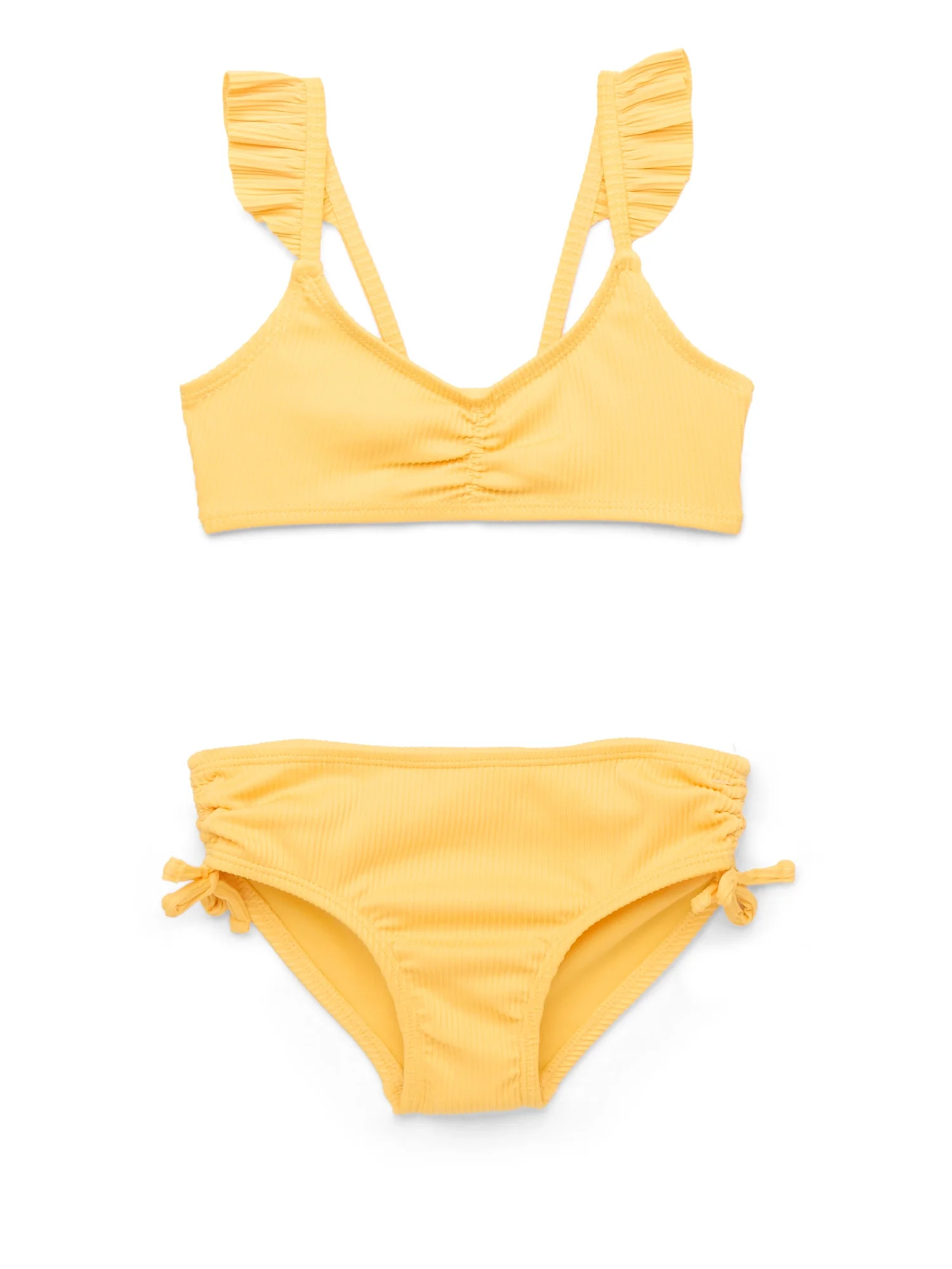 Wonder Nation Girls Rib Knit Ruffle Strap Bikini Top & Mid-Rise Tie Bottoms Swimsuit with UPF 50,... | Walmart (US)