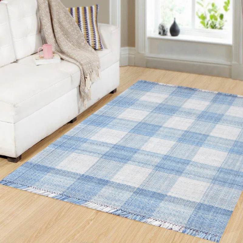 Debarghya Plaid Handmade Handwoven Area Rug in Ivory/Blue | Wayfair North America