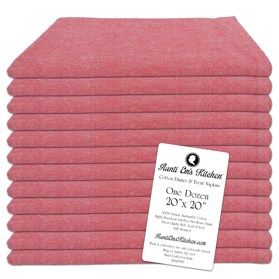 Aunti Em's Kitchen Chambray Red Cotton Napkins Cloth 20 x 20 Oversized 100% Natural Bulk Linens f... | Amazon (US)