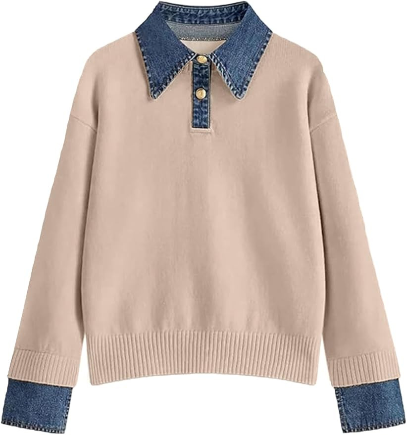 hathne Women's Oversized Polo Sweater Button Up Denim Lapel Pullover Sweater Long Sleeve Collared... | Amazon (US)