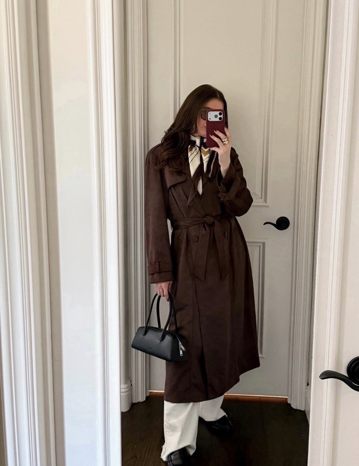 Styling an espresso brown trench coat with a scarf and white denim 
#coat #trenchcoat #jacket #loafers #espresso #suede #brown #chocolate #dark #freya 

#LTKSeasonal #LTKFindsUnder50 #LTKFindsUnder100 #LTKootd #LTKgrwm #LTKgrwm #LTKootd #LTKWorkwear #LTKFindsUnder50 #LTKSeasonal #LTKFindsUnder100