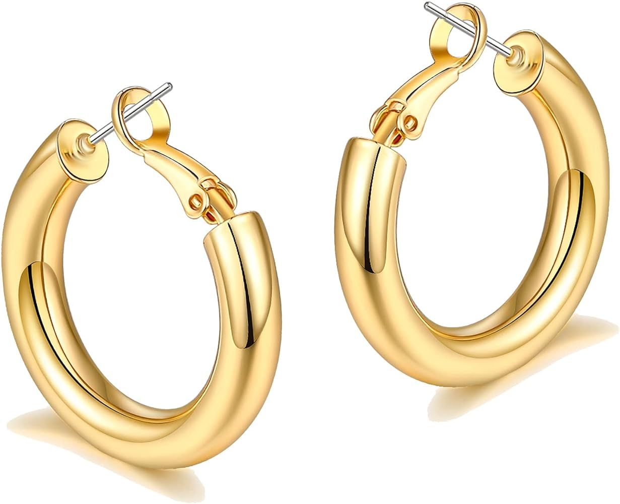sovesi Chunky Gold Hoop Earrings for Women with 925 Sterling Silver Post, 14K Gold Plated Small T... | Amazon (US)