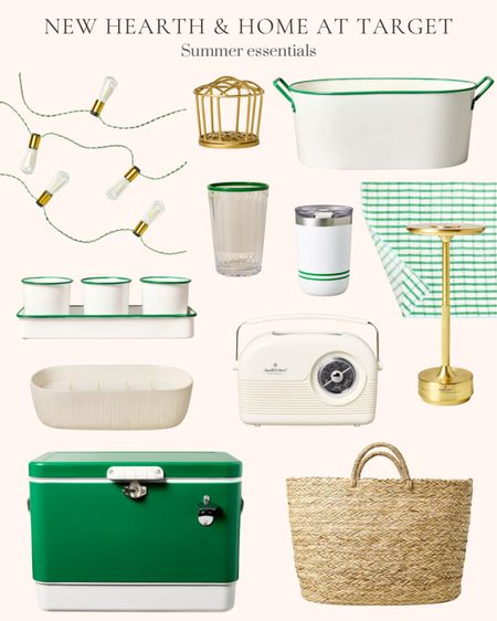 New Hearth and Home at Target. Cute summer essentials for outdoor living. Patio season. Ribbed plastic tall tumbler. Insulated travel tumbler. Checkered green plaid wipeable tablecloth. Brass flower frog. Corded string lights. Natural woven summer tote. Trio herb planter set. Gold portable tabletop lamp. Hard sided green cooler. Oblong steel beverage tub. Portable Bluetooth radio. 8-wick ceramic citronella candle  

#LTKSeasonal #LTKxTarget #LTKhome