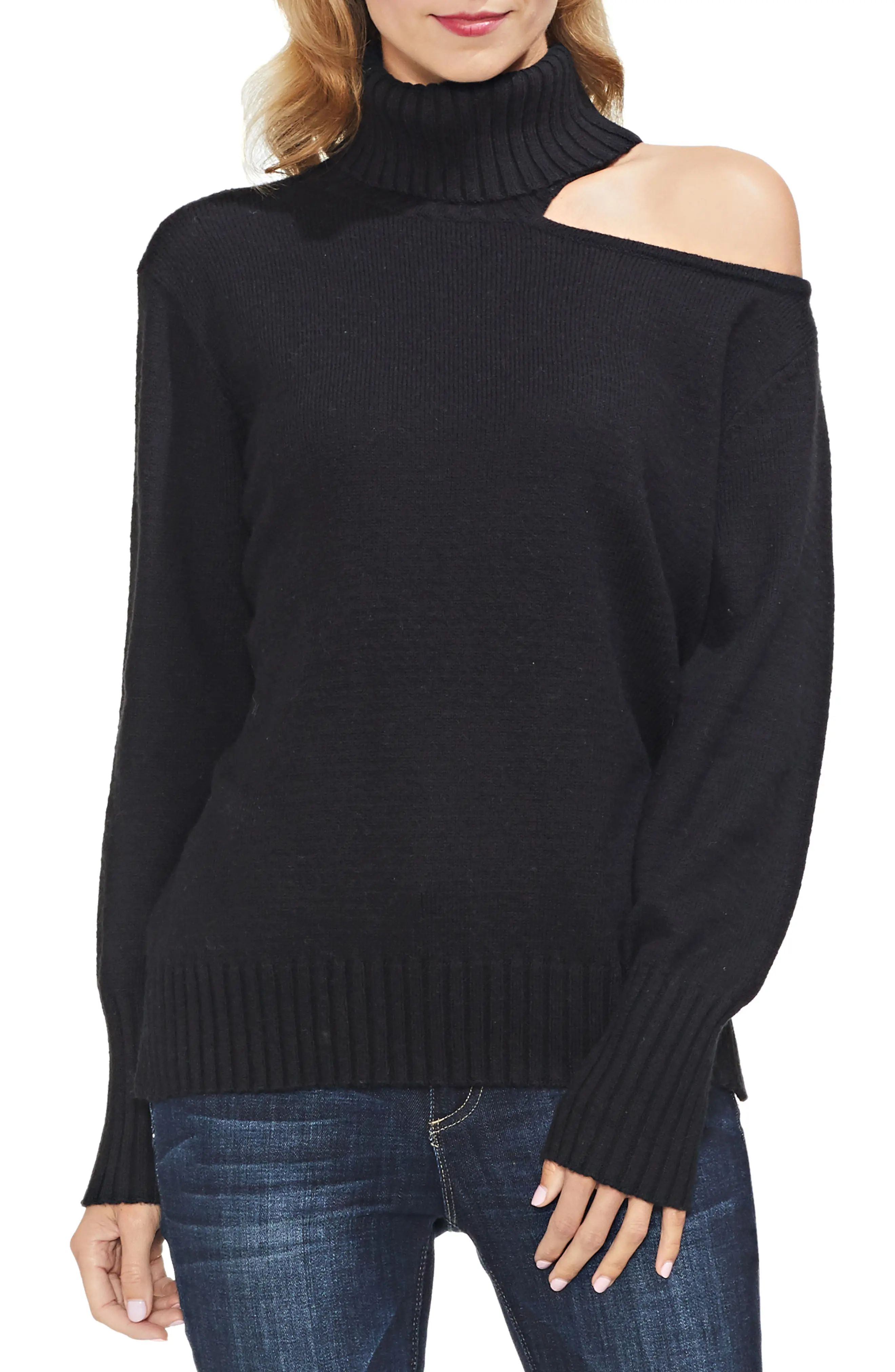 Vince Camuto Asymmetrical Shoulder Cutout Turtleneck Cotton Blend Sweater | Nordstrom