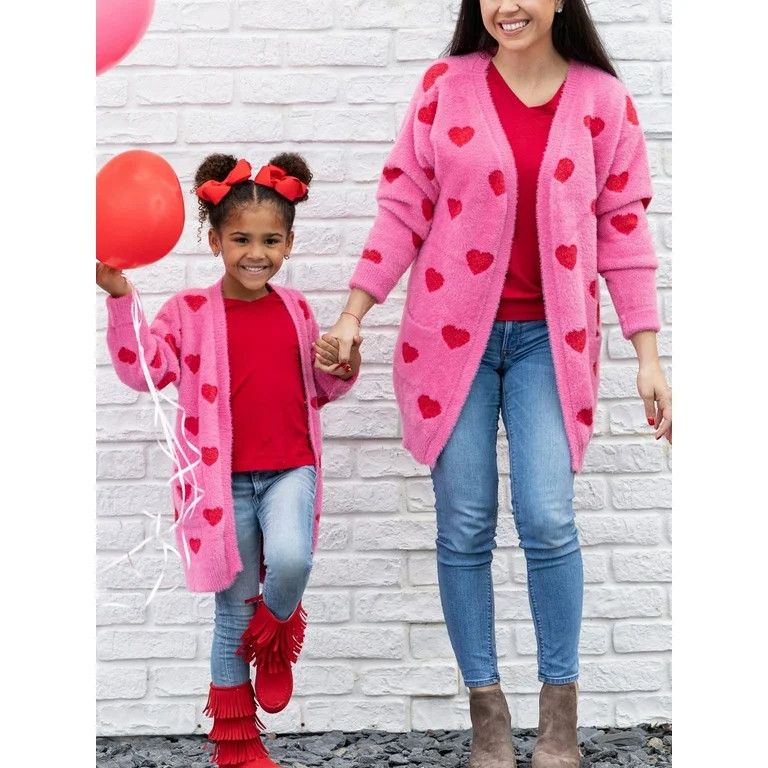 Gwiyeopda Family Matching Long Sleeve Open Front Long Cardigan Sweater Heart Mommy and Me Coat | Walmart (US)