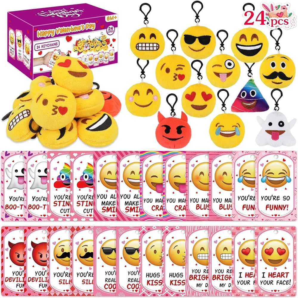 Amazon.com: Valentines Day Gifts for Kids Classroom - 24Pcs Valentines Cards with Emoticon Plush ... | Amazon (US)