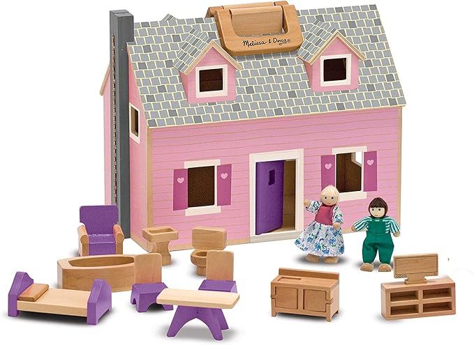 Melissa & Doug Fold and Go Wooden Dollhouse With 4 Dolls and Wooden Furniture | Amazon (US)