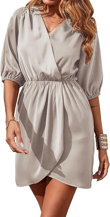 BTFBM Women's Wrap V Neck Casual Summer Dresses Short Sleeve High Waist Front Split Solid Color B... | Amazon (US)
