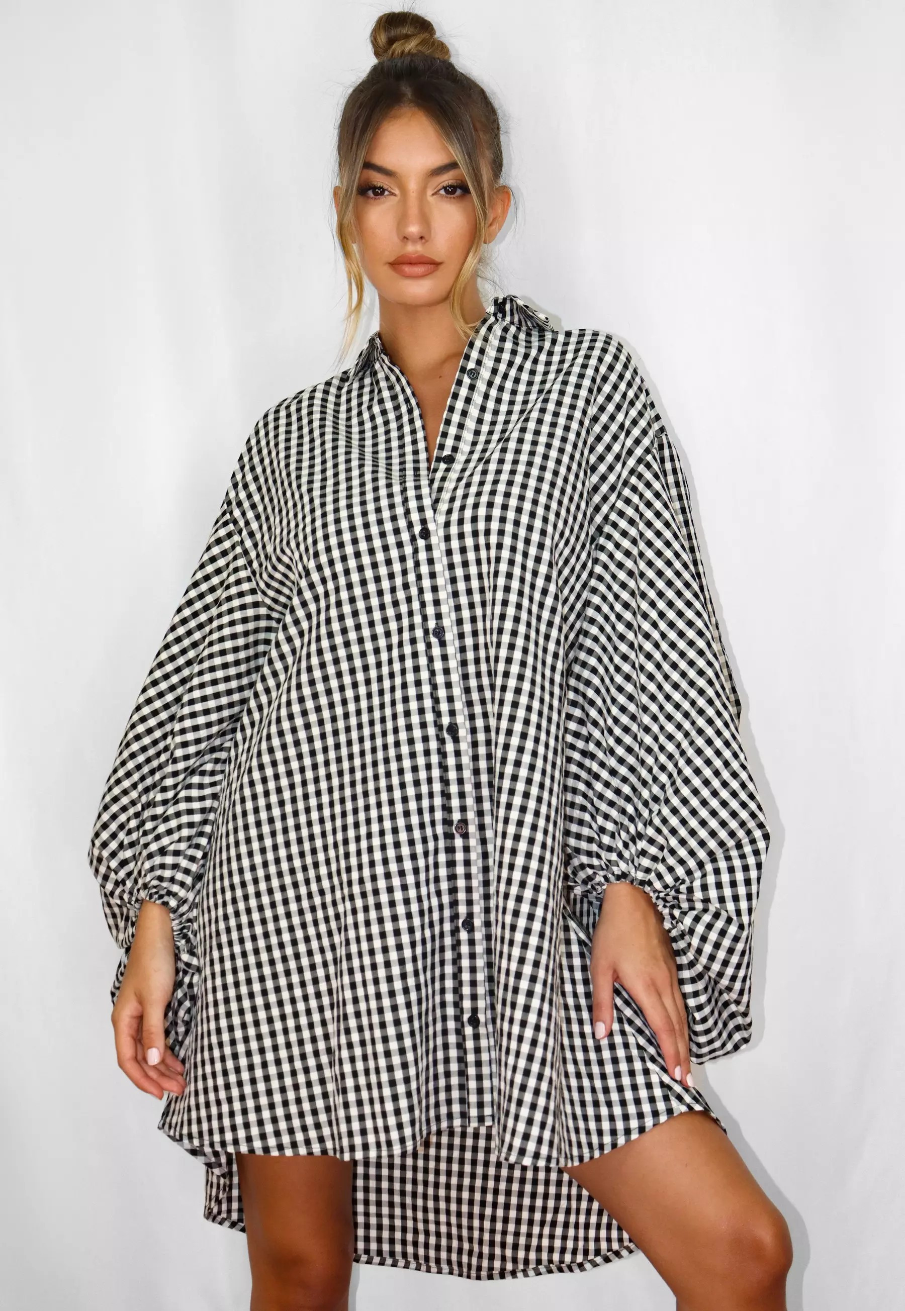 Black Plaid Puff Sleeve Oversized Shirt Dress | Missguided (US & CA)
