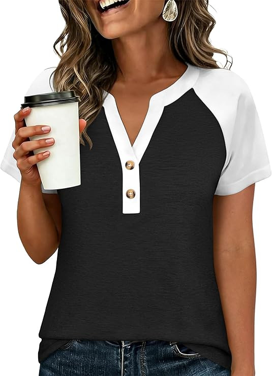ANRABESS Womens Tops Short Sleeve Henley Shirts Summer V Neck Color Block Tunic T Shirts Casual B... | Amazon (US)