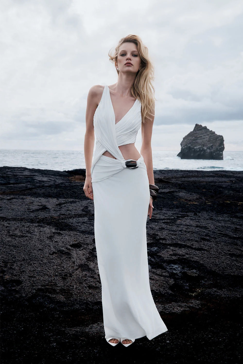 Klein Draped Jersey Gown With Hardware - White | MESHKI US