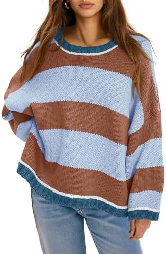 Fisoew Womens Oversized Sweaters Casual Long Sleeve Striped Color Block Crewneck Knitted Loose Fa... | Amazon (US)