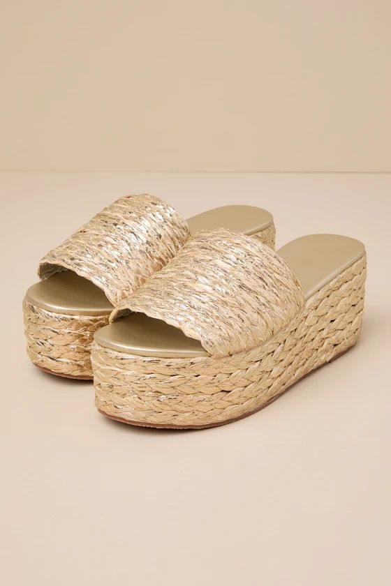 Jaelle Gold Braided Raffia Platform Slide Sandals | Lulus