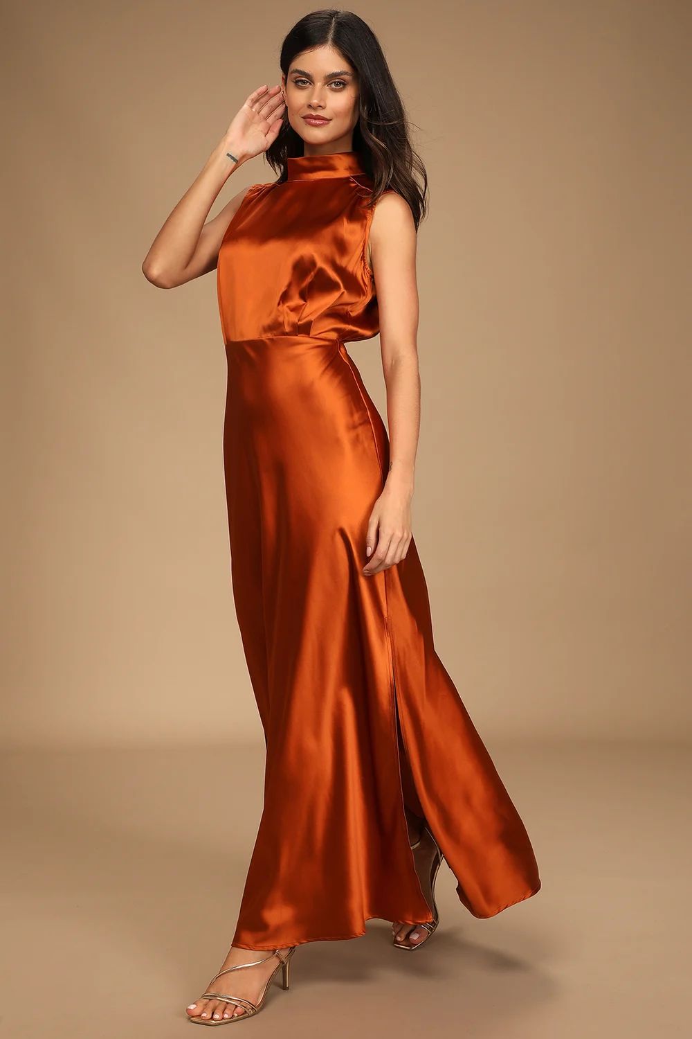 Classic Elegance Copper Satin Sleeveless Mock Neck Maxi Dress | Lulus (US)