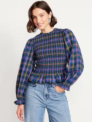 Long-Sleeve Plaid Smocked Top | Old Navy (US)